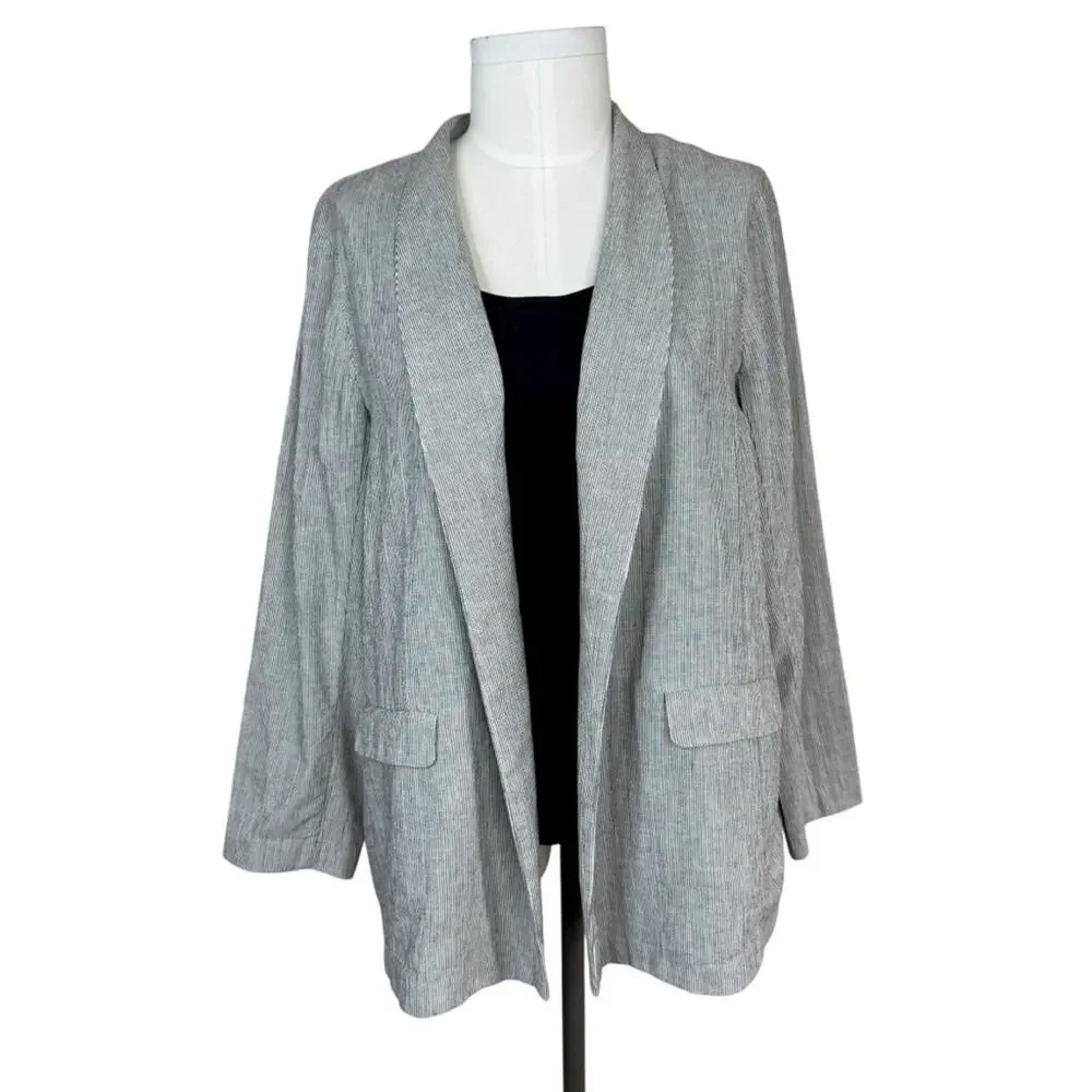 EILEEN FISHER Organic Cotton Linen Blend Open Front Jacket Black White Stripe XL